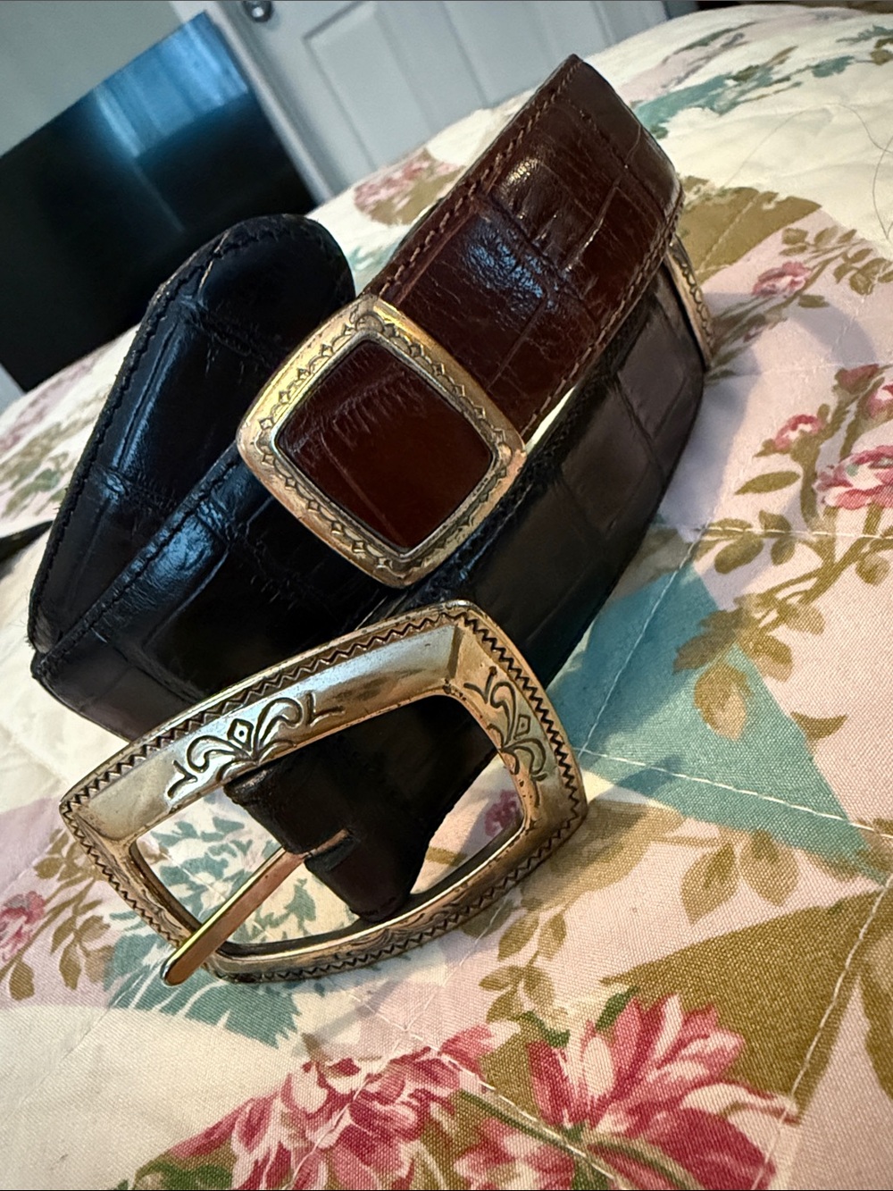 Brighton Black Croc-Embossed Belt with Gold Buckle